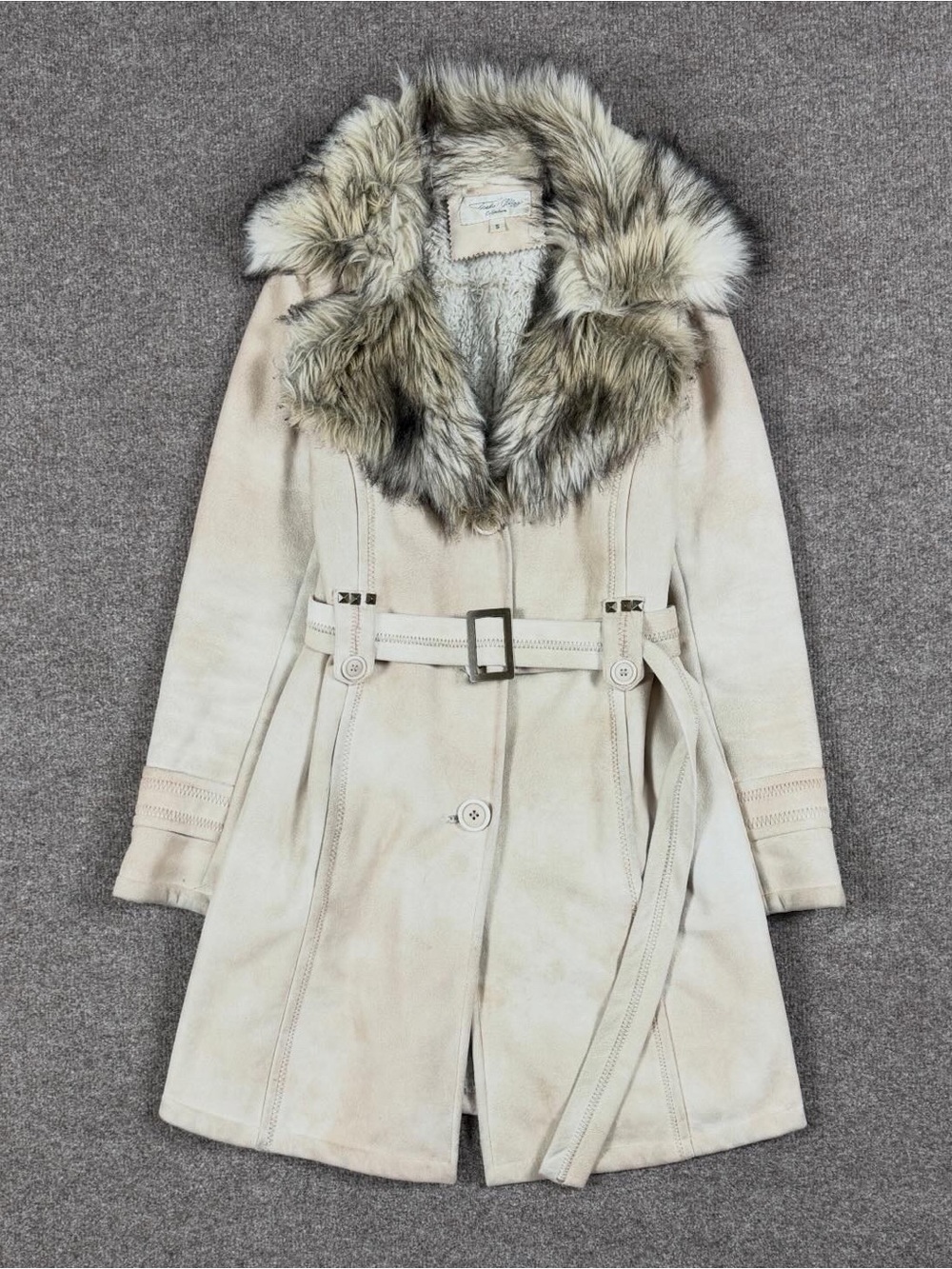 Vintage Microsuede Penny Lane Mid Length Belted Coat Women’s S Faux‎ Fur Collar